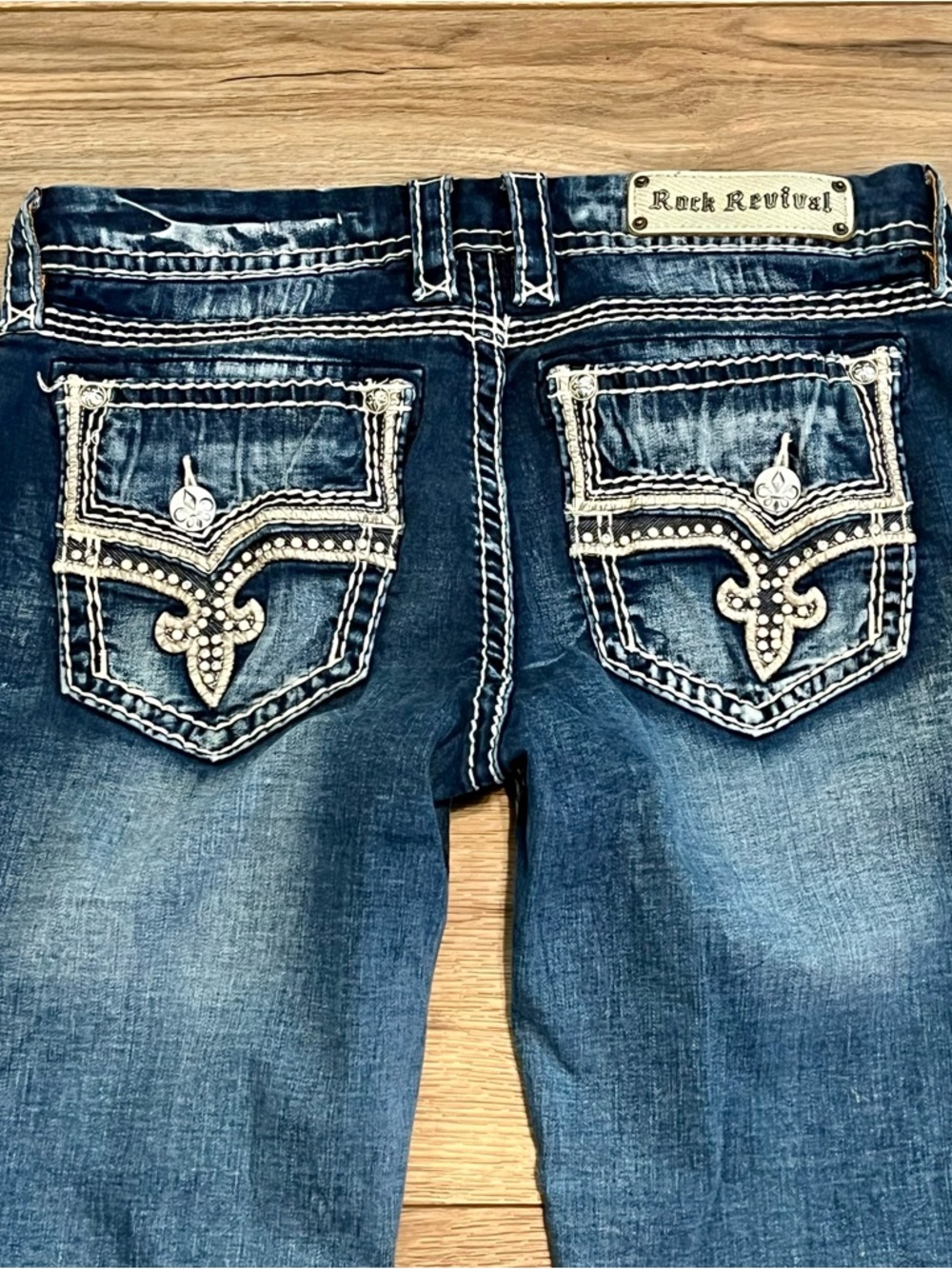 Rock Revival Janelle Skinny Jeans SZ 32 Blue Denim Thick Stitch Rhinestone - Picture 15 of 16
